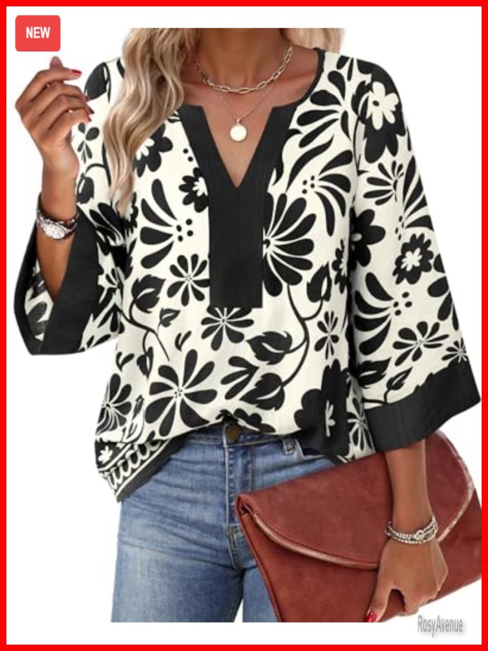 Women's 3/4 Sleeve V Neck Floral Tunic Blouse Dressy Casual Loose Fit